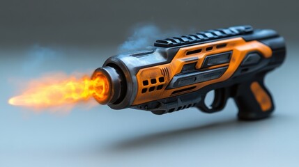 Futuristic pistol firing, smoke & flames, grey background, sci-fi game asset
