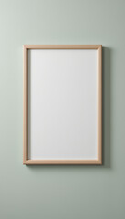 Mock up minimalist wooden frame on pastel sage green wall, blank canvas for artwork or design presentation