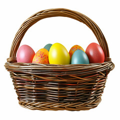 Naklejka premium Easter basket filled with vibrant eggs, isolated on a white backdrop, perfect for festive decor.