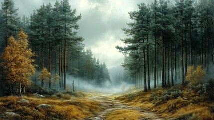 Mystical Forest Path, A Serene Autumnal Landscape with Evocative Fog and Evergreen Trees