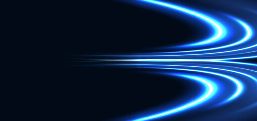 Futuristic glowing blue curved rays on dark blue background.
