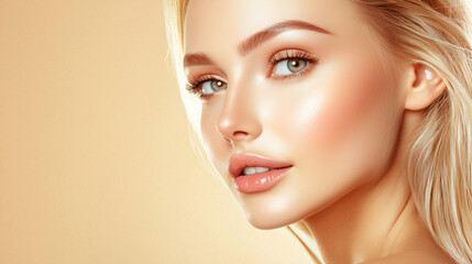 Fototapeta premium Close-up of a blonde woman with glossy nude lips, soft features, and clear eyes, ideal for beauty, skincare, and makeup advertisements.