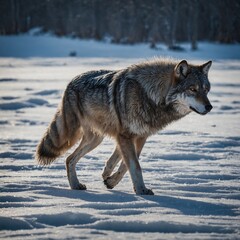 Fototapeta premium A lone wolf stepping carefully across frozen snow, ears pricked for danger.