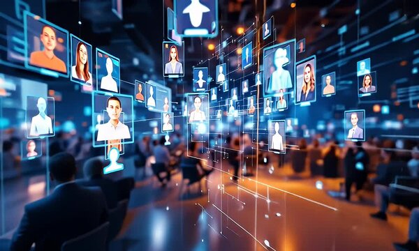 Global network, digital meeting, virtual conference, online collaboration, futuristic background, technology, communication