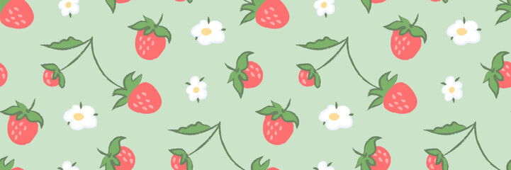 Seamless strawberry pattern with hand drawn ripe berries, green leaves, and white flowers on a soft green background. Crayon pencil texture. Cute wallpaper for spring, summer designs, print, textile.