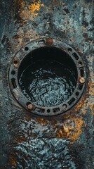 Obraz premium Circular Drain Opening with Water Reflection and Rustic Texture