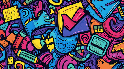 A bold artistic school supply illustration featuring a mix of books, folders, and pens in a playful, cartoonish style.

