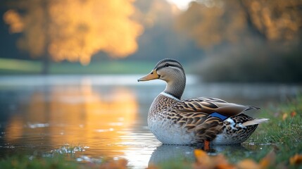 Beautiful duck sitting by a calm pond surrounded by autumn foliage, reflecting warm golden hues on the water. Peaceful nature scene