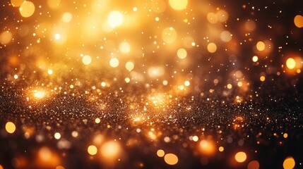 Shimmering golden glitter with glowing bokeh lights on a dark background. Elegant and festive atmosphere for luxury and celebration concepts