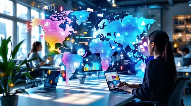 Global network, woman working, office background, data visualization, tech