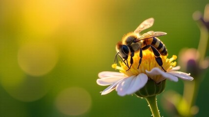 Close-up of bee collecting nectar from lemon balm flower on blurred background of spring meadow on bright sunny day. Horizontal concept of insect garden life with spring vibes