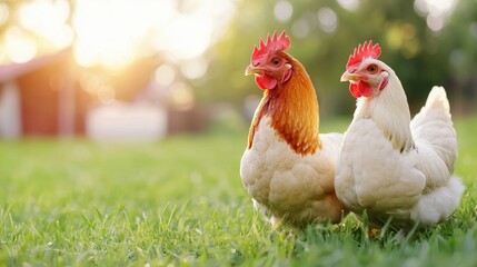 Fototapeta premium Two chickens standing in grass in backyard of a chicken farm on a sunny day