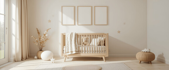 Mockup frames in Scandinavian nursery with wooden crib and minimalist decor – modern unisex kids' room interior