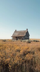 Abandoned House Surrounded by Vibrant Yellow Wildflowers in Open Field