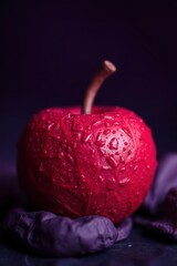 A vibrant red apple with water droplets resting on a textured surface against a dark background