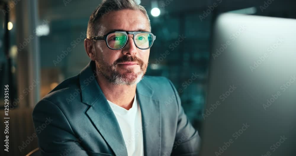 Leinwandbilder businessman, night and computer for thinking in office, senior software developer and ideas for html