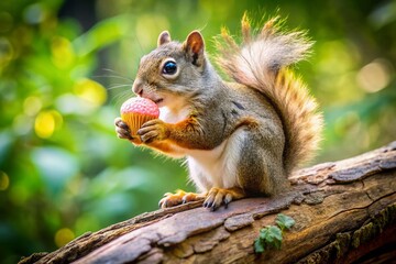 Fototapeta premium Cute Squirrel Enjoying Cupcake on Tree Branch - Adorable Wildlife Stock Photo