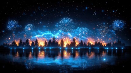 Naklejka premium Night Sky Fireworks Over Silhouetted Trees Reflecting in Water