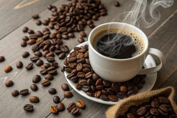 Obraz premium Steaming Coffee Cup with Scattered Beans on Wooden Table - Perfect for Cafés or Promotions