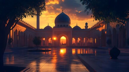 Naklejka premium Serene sunset illuminating a majestic courtyard with domes and reflections in a tranquil setting