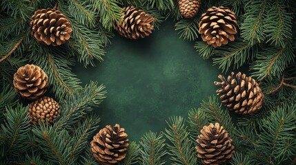 Obraz premium Evergreen Boughs and Pine Cones Bordering a Rich Emerald Backdrop, A Natural Holiday Frame
