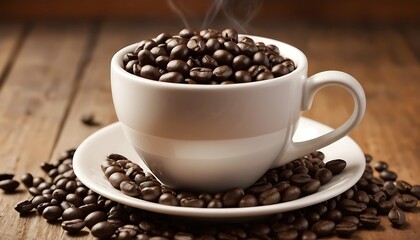 Fototapeta premium Steaming Coffee Cup Overflowing with Roasted Beans on Rustic Wooden Table