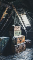 Obraz premium Vintage Wooden Chests Surrounded by Cobwebs in Dark Attic Space