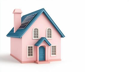 Pink House Model with Blue Solar Panels on White Background