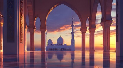 Naklejka premium Stunning view of a grand mosque at sunset, showcasing intricate architecture and serene reflections
