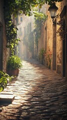 Fototapeta premium Tranquil Cobblestone Alleyway With Lanterns and Lush Greenery