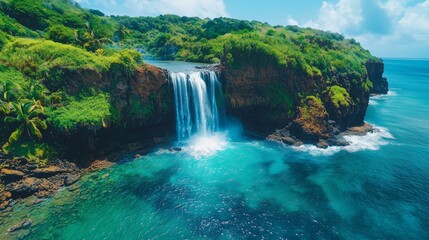 Majestic Waterfall Cascading Into Turquoise Ocean Surrounded by Lush Greenery