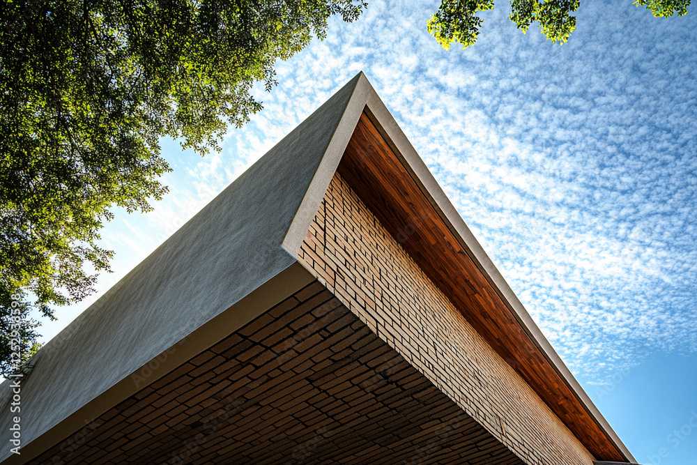 Poster modern architectural design of a building with a geometric overhang, featuring clean lines, a mix of