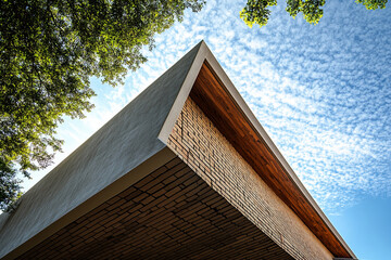 Modern architectural design of a building with a geometric overhang, featuring clean lines, a mix of materials, and surrounded by greenery, symbolizing contemporary style and innovation.