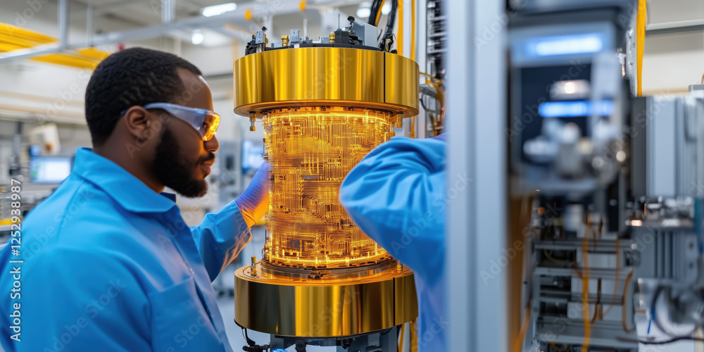 Poster technician working on glowing quantum computer core in lab