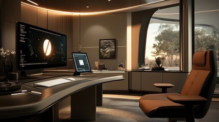 Fototapeta premium Modern office sunset view design workspace