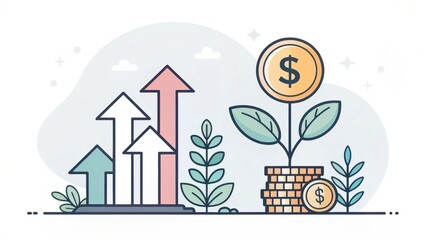 Fototapeta premium A colorful illustration showing growth with upward arrows, a money plant, and coins, symbolizing financial development and investment.