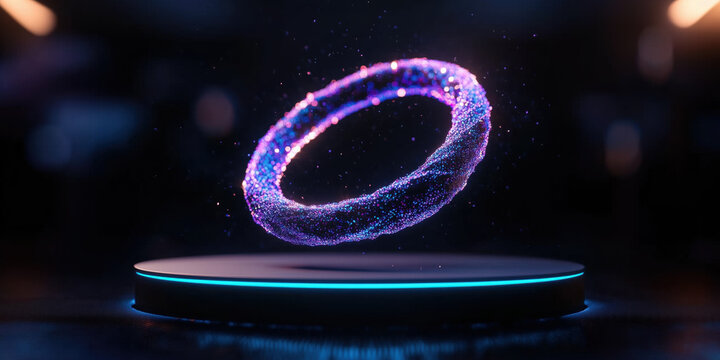 glowing, futuristic ring floats above circular platform, showcasing advanced technology