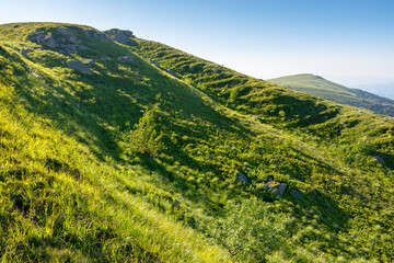 Obraz premium nature scenery with rolling alpine highlands of ukraine in summer. travel background. carpathian mountain landscape with huge boulders on the grassy hillside. green environment