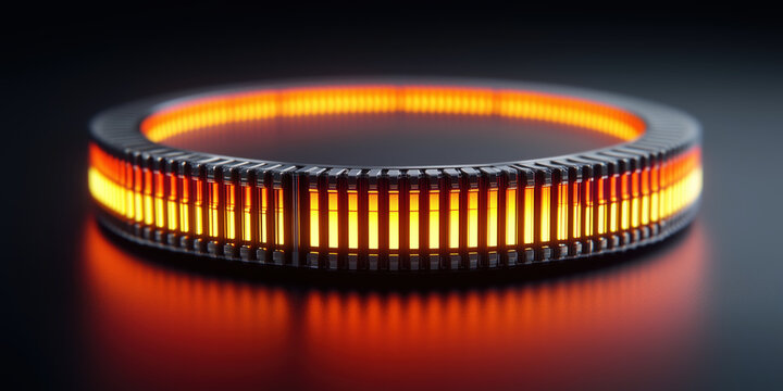 glowing circular object with vibrant orange and yellow lights, showcasing modern design and