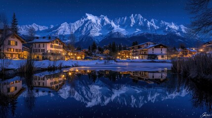 Fototapeta premium Night alpine village, snowy reflection, starry sky, winter travel