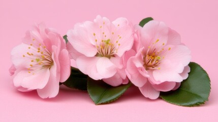 Naklejka premium Delicate pink flowers with bright yellow stamens set against a soft pink background create a serene image, Ideal for spring-themed designs, beauty products, or greeting cards,
