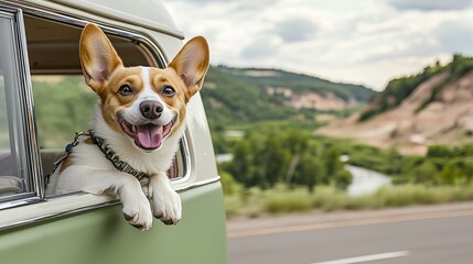 Happy dog enjoying the breeze from a car window with scenic mountain and river view