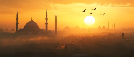 Obraz premium Majestic sunset over a historic skyline featuring minarets and birds flying in the golden sky