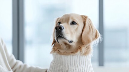 Golden Retriever Wearing Sweater Looking Up