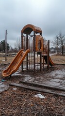 Abandoned Playground with Slides and Overcast Sky in Winter Setting