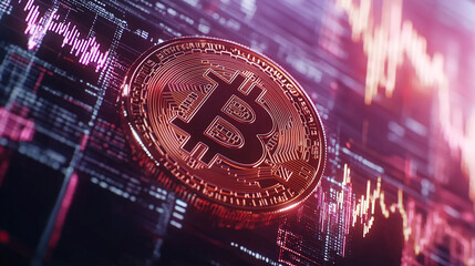 A glowing B is displayed on a computer screen. Concept of technology and innovation, as the B represents a digital currency like Bitcoin