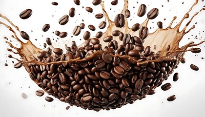 Coffee Beans Splashing Upwards with Coffee Splash on White Background