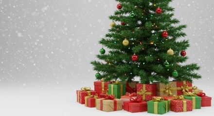 Obraz premium Festive Christmas tree adorned with ornaments and surrounded by gifts