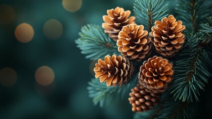 Fototapeta premium Festive forest ambiance with pinecones and glowing light orbs in a serene holiday composition