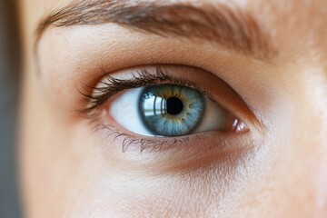 Obraz premium Close-up of a blue eye with detailed iris patterns and natural lighting, showcasing clear skin and well-defined eyebrows, creating a sharp and vibrant visual focus.